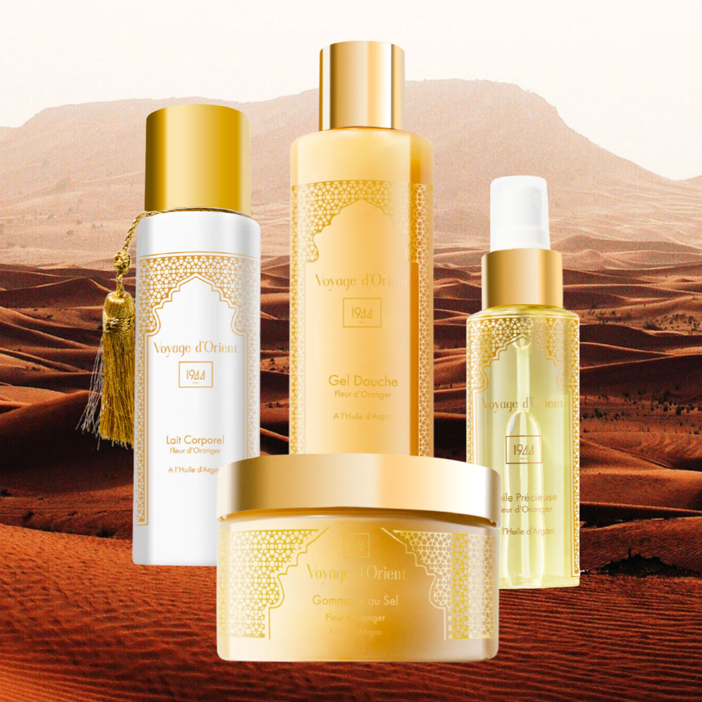 Gamme Corps Voyage d'Orient, à base de parfum de Fleur d'Oranger et Ambre Vanillé. Disponible sous Lait Corporel, Gel Douche, Gommage au Sel et Huile Précieuse