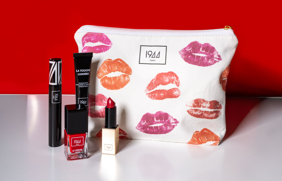 Valentine's Day Glamour Kit with lipstick, mascara, blush, red nail polish, and fabric pouch